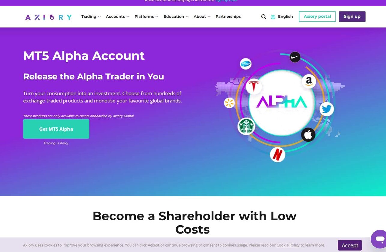 The platform page on the Axiory website