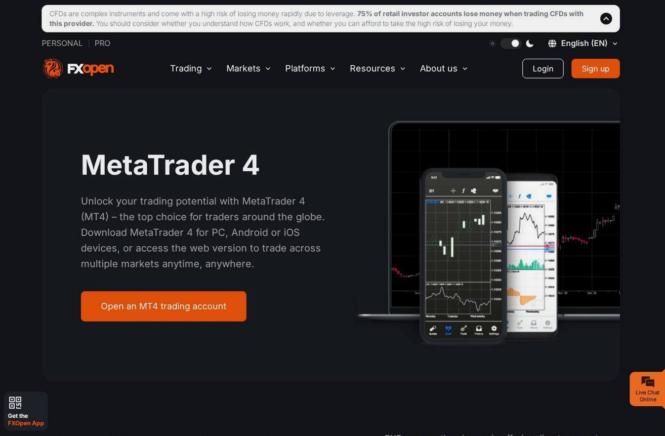 The platform page on the FXOpen website