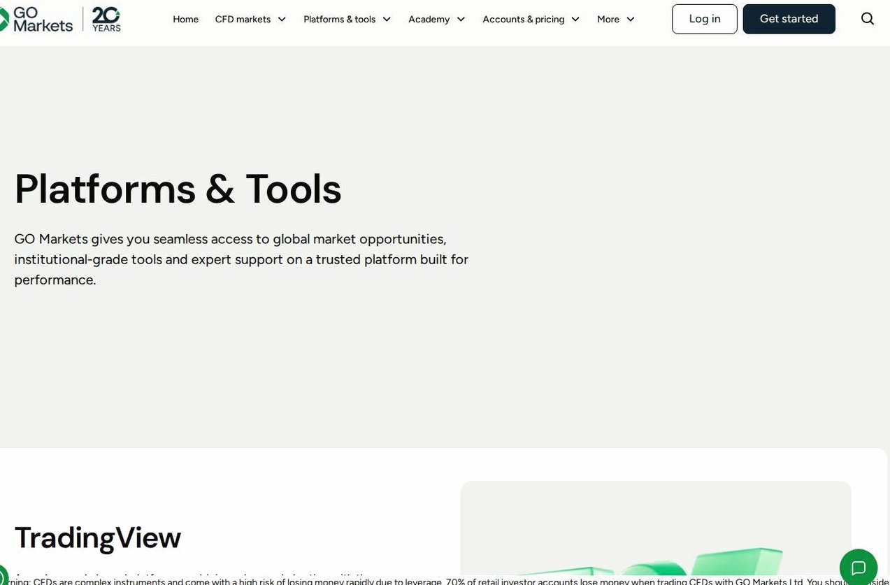 The platform page on the GO Markets website