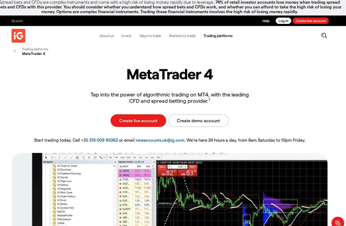 The platform page on the IG Markets website
