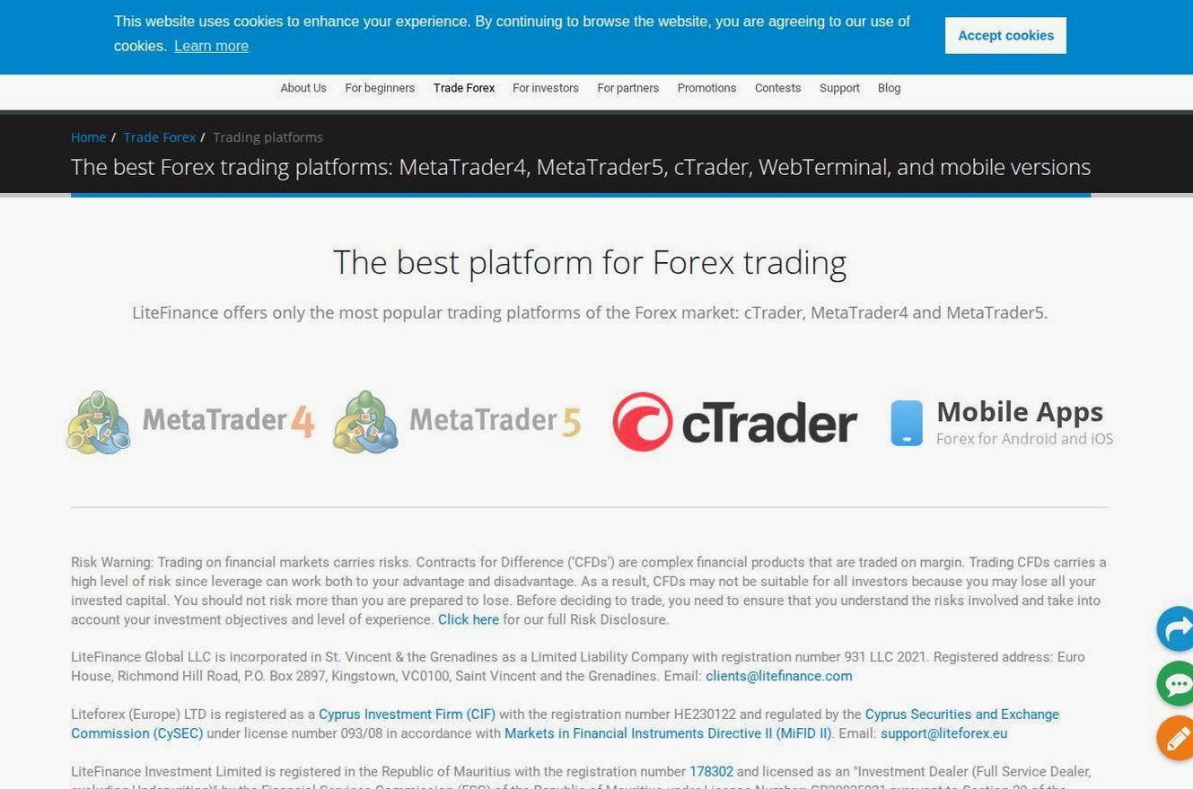 The platform page on the LiteFinance website