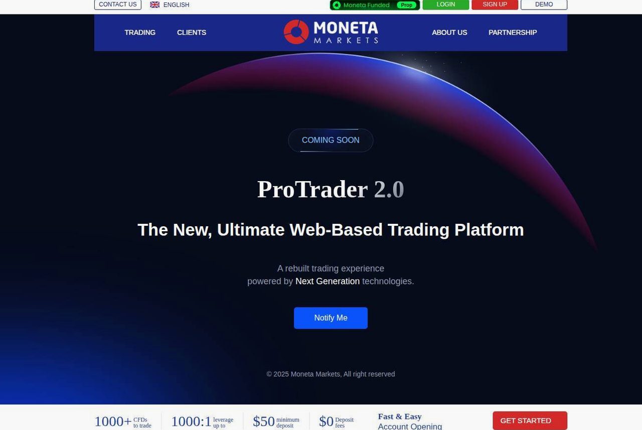 The platform page on the Moneta Markets website