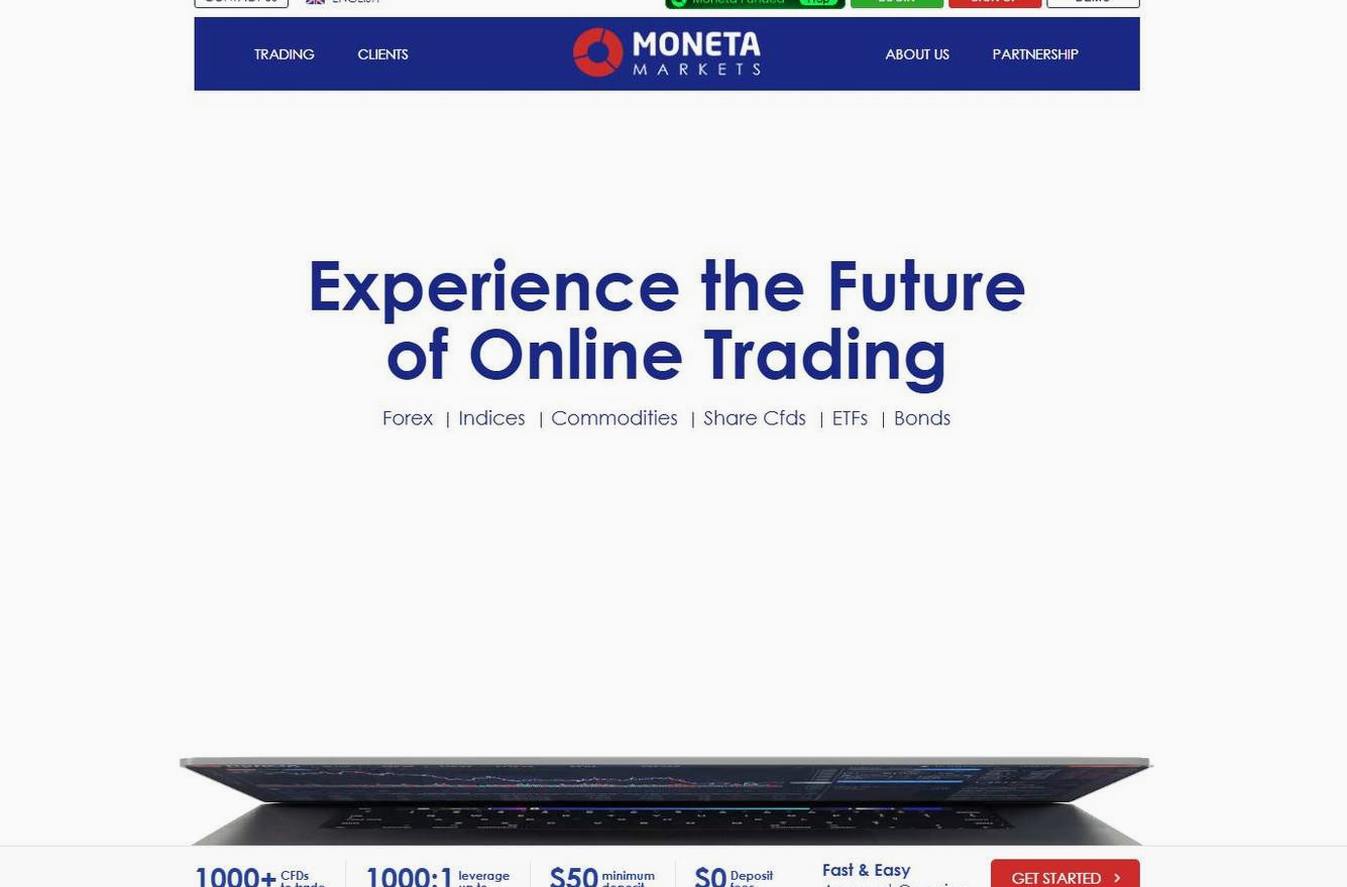 Screenshot of the Moneta Markets website