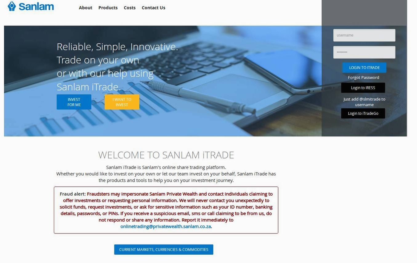 Screenshot of the Sanlam iTrade website