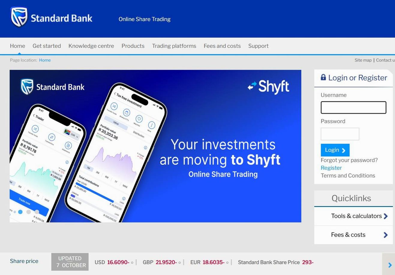 Screenshot of the Standard Bank Online Share Trading (OST / SBG Securities) website
