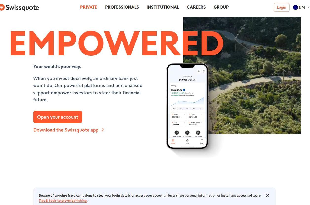Screenshot of the Swissquote website