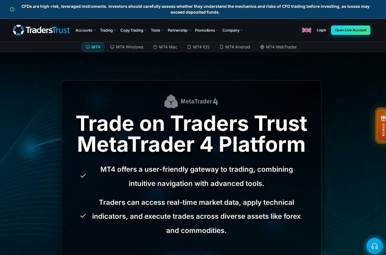 The platform page on the Traders Trust website