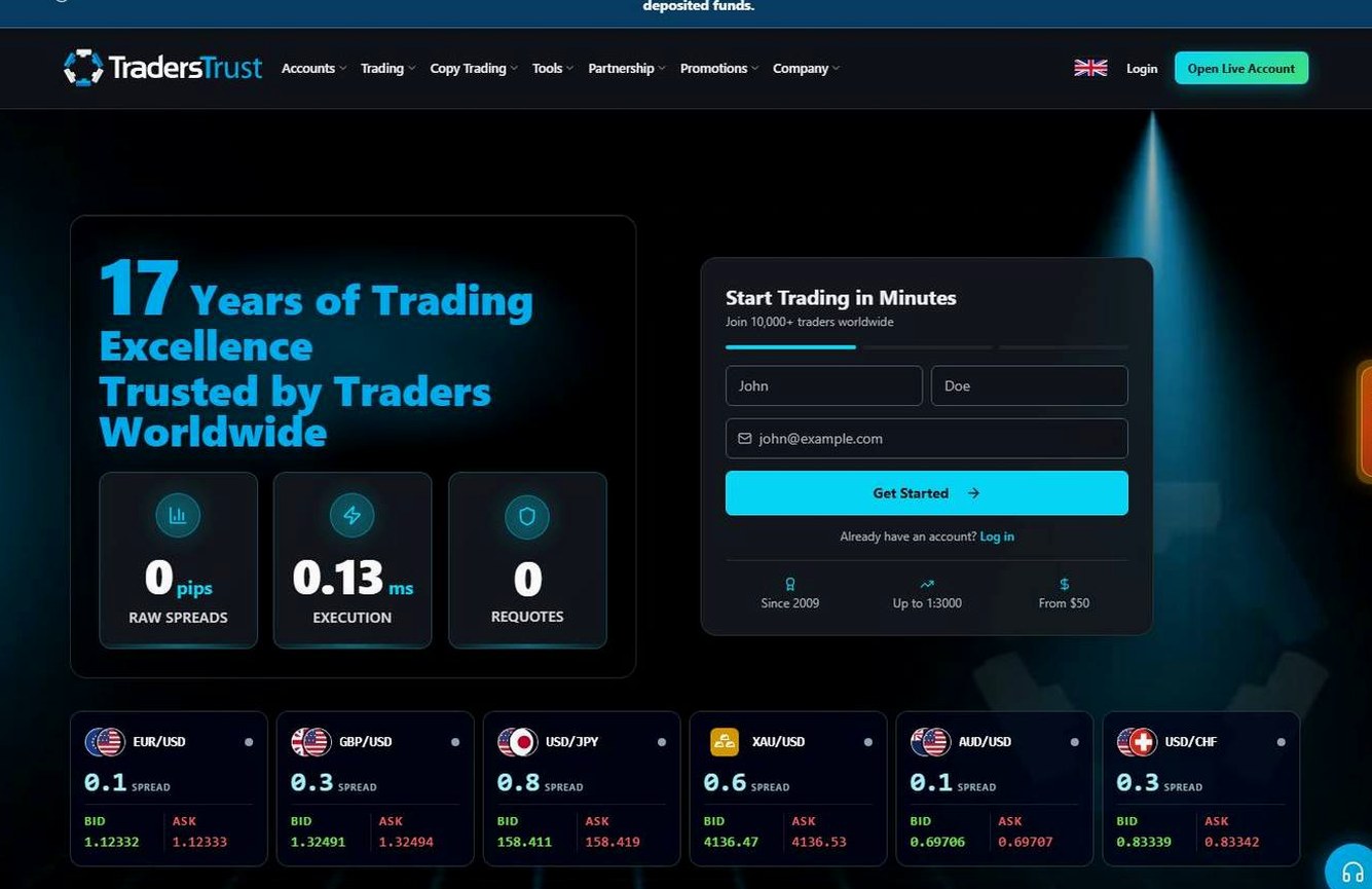Screenshot of the Traders Trust website
