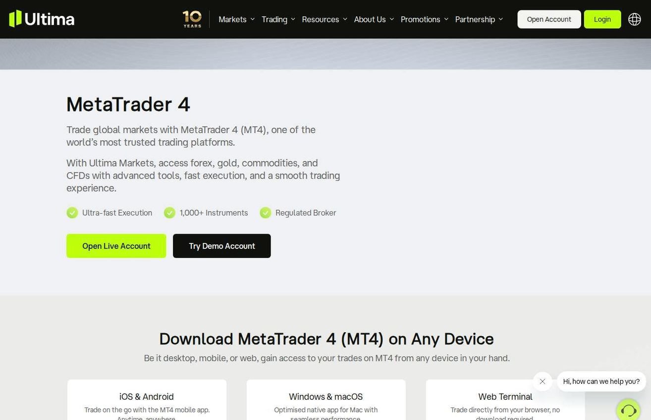 The platform page on the Ultima Markets website