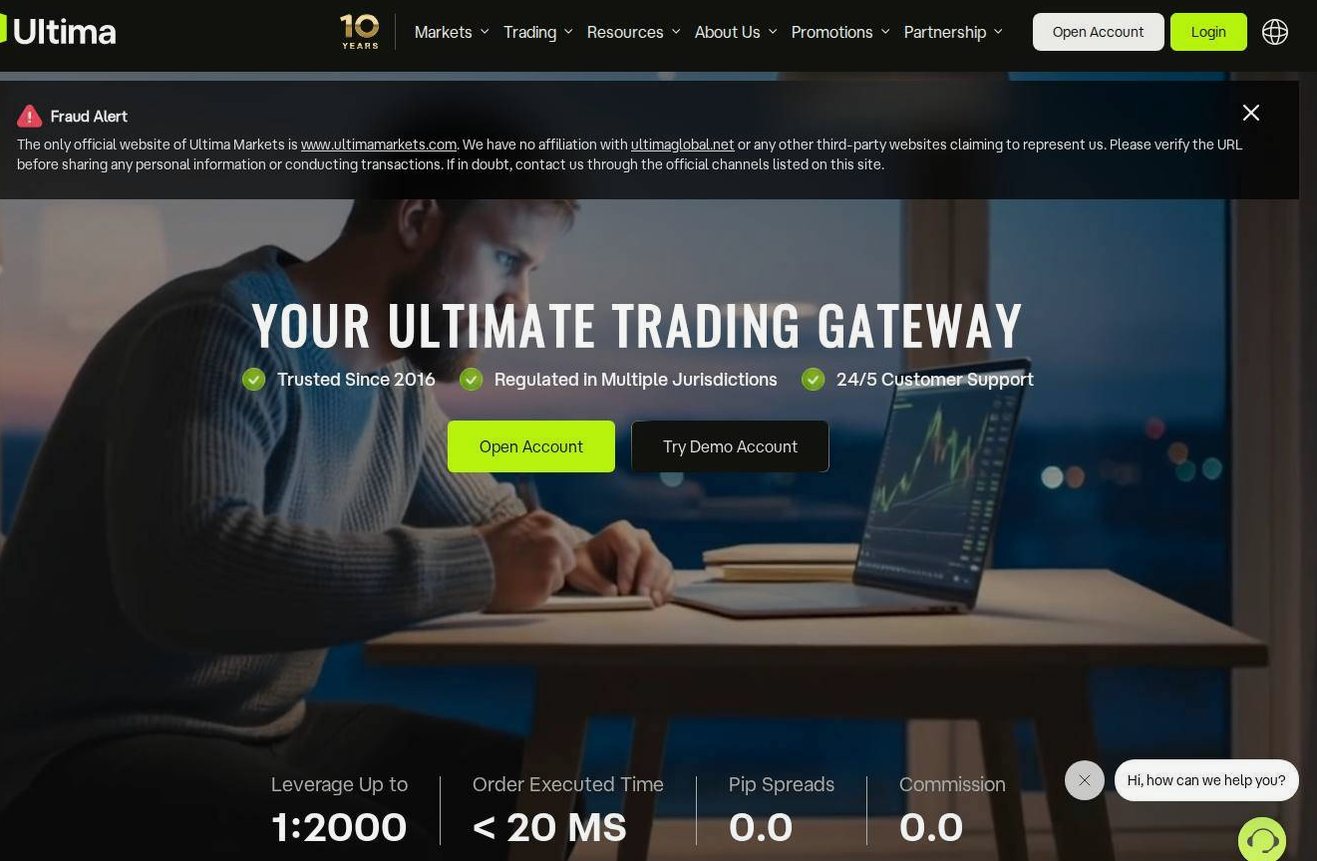 Screenshot of the Ultima Markets website