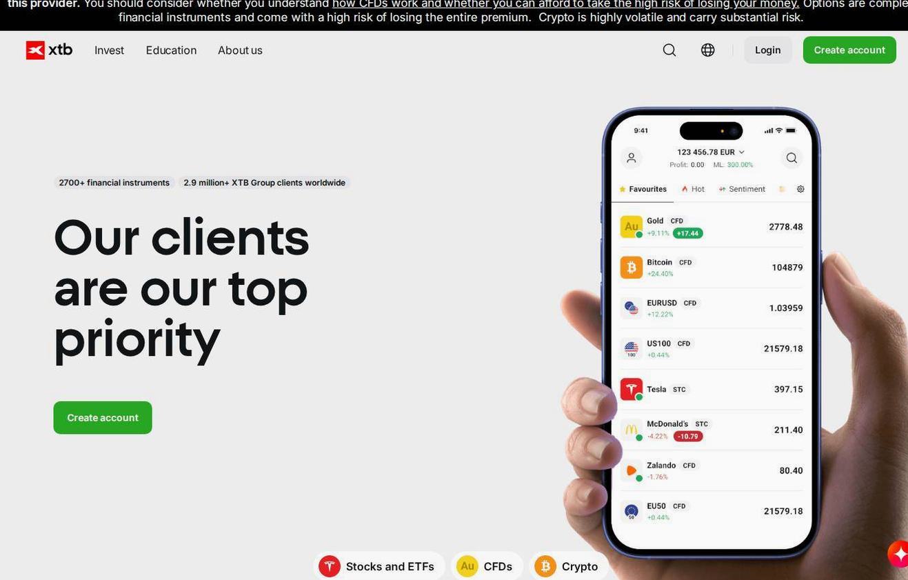 Screenshot of the XTB website